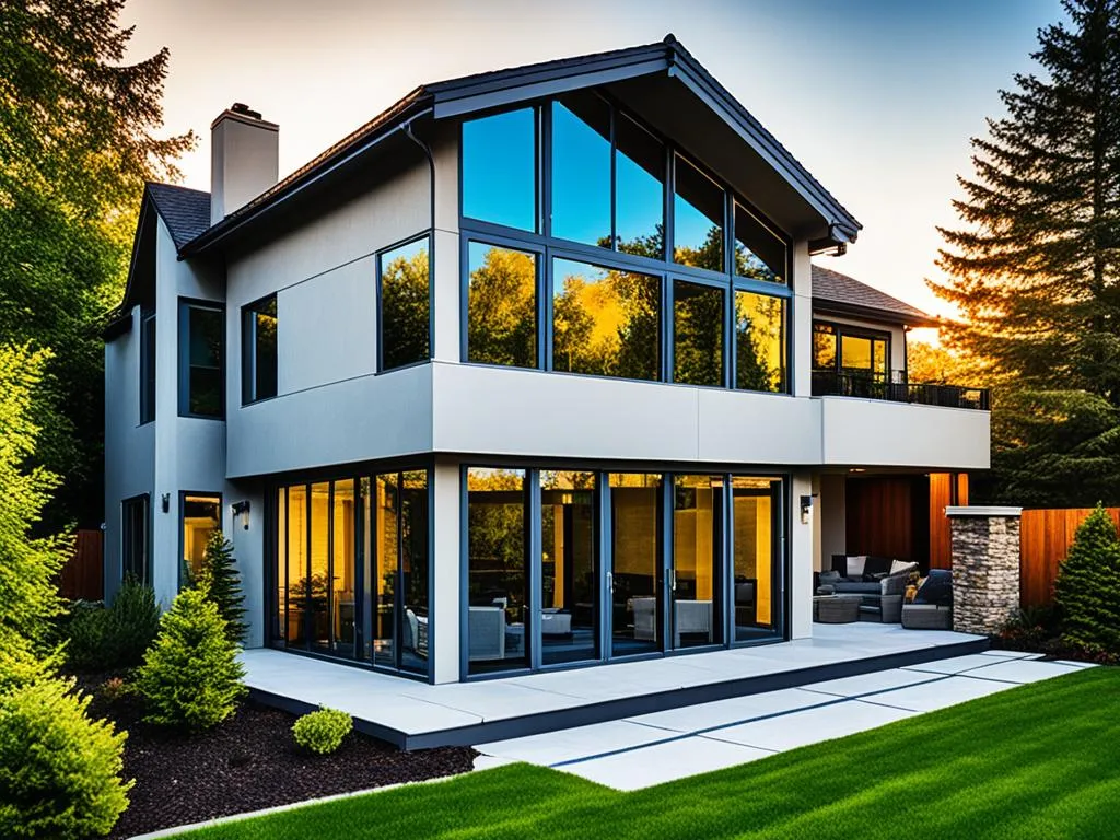 Modern two-story house with large tinted glass windows and a spacious backyard, showcasing professional window tinting by Startint